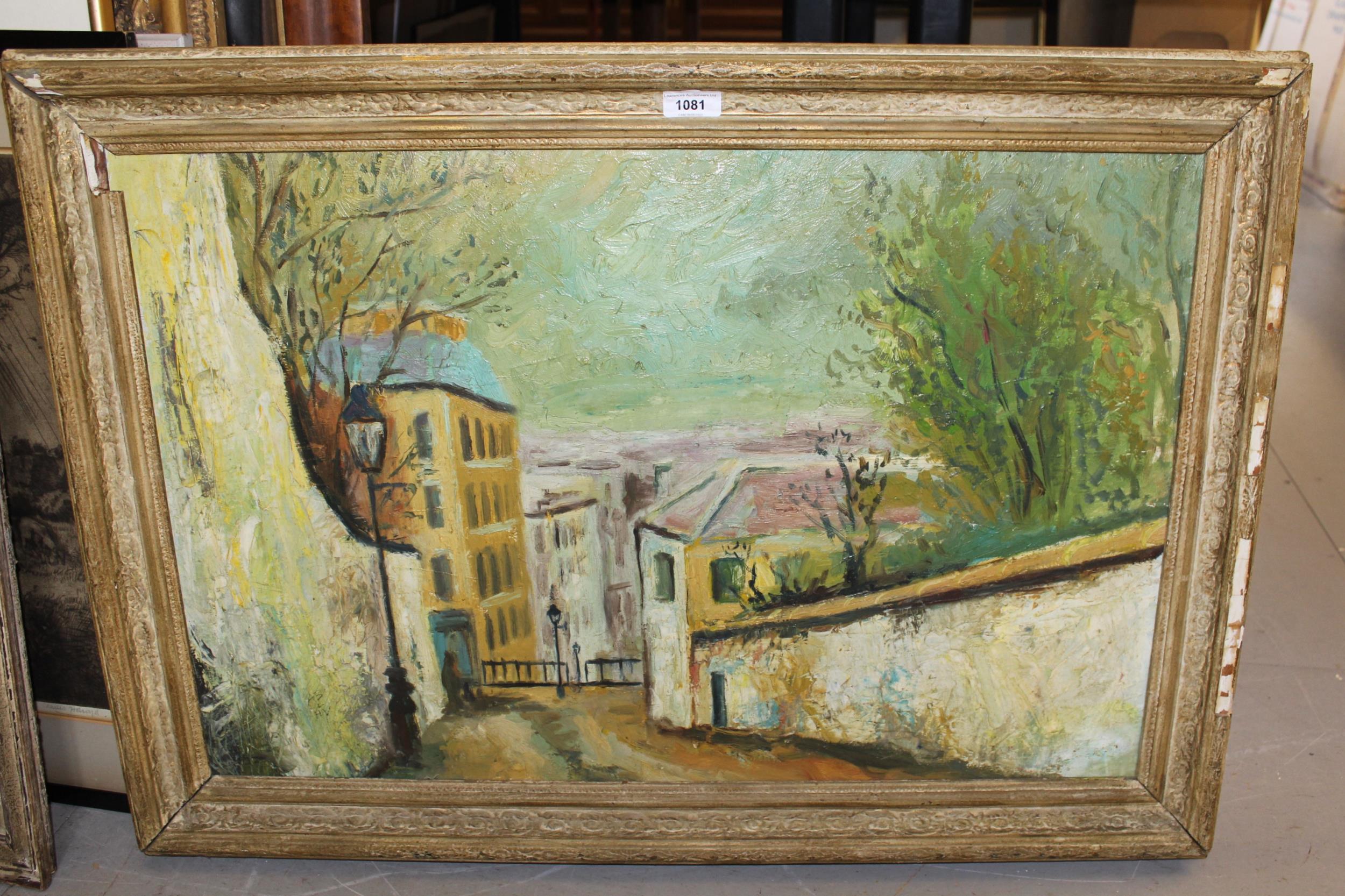 20th Century oil on board, French street scene with figure, unsigned, framed, 49cms x 74cms - Image 2 of 2