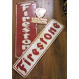 Three various enamel advertising signs for Firestone Tyres, 91.5cms x 33cms, 23cms x 90cms and 30cms