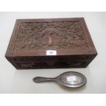 Indian carved wooden rectangular workbox, together with a silver backed mirror 36cms x 22cms x 14cms