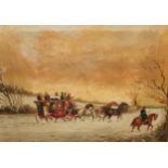 19th Century oil on canvas, coach and horses in a winter landscape, 24cms x 29cms, unframed