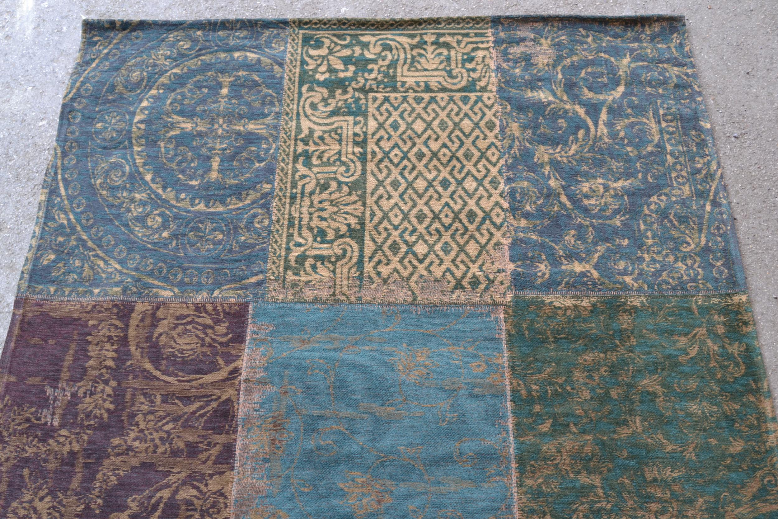 Modern flatweave patchwork rug in shades of dark green and teal, 200cms x 140cms - Image 2 of 3