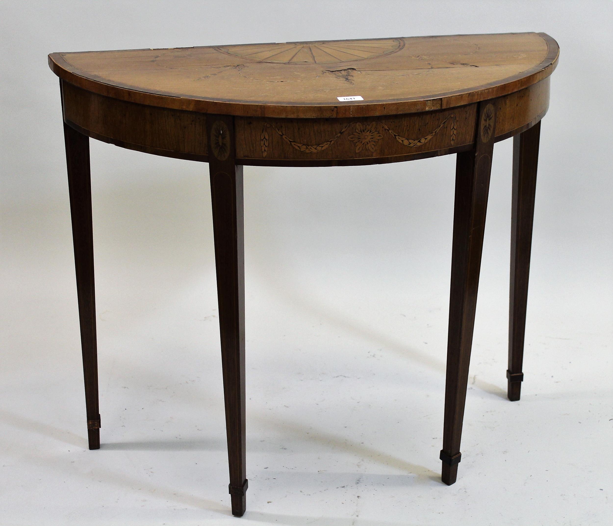 George III satinwood marquetry and line inlaid demi-lune side table, 94cms wide (for restoration)