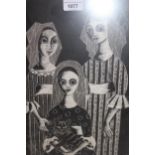 Continental black and white scratch picture of three young girls with a cat, unsigned, 36cms x 24cms