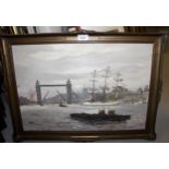 Oil on canvas laid on board, shipping on the Thames near Tower Bridge, 36cms x 53cms