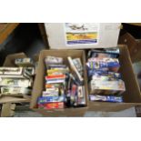 Three boxes containing a large quantity of various model aircraft kits including Airfix, Italeri,