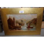 19th Century oil on board, capriccio port scene with boats and figures to foreground, 17cms x 27cms