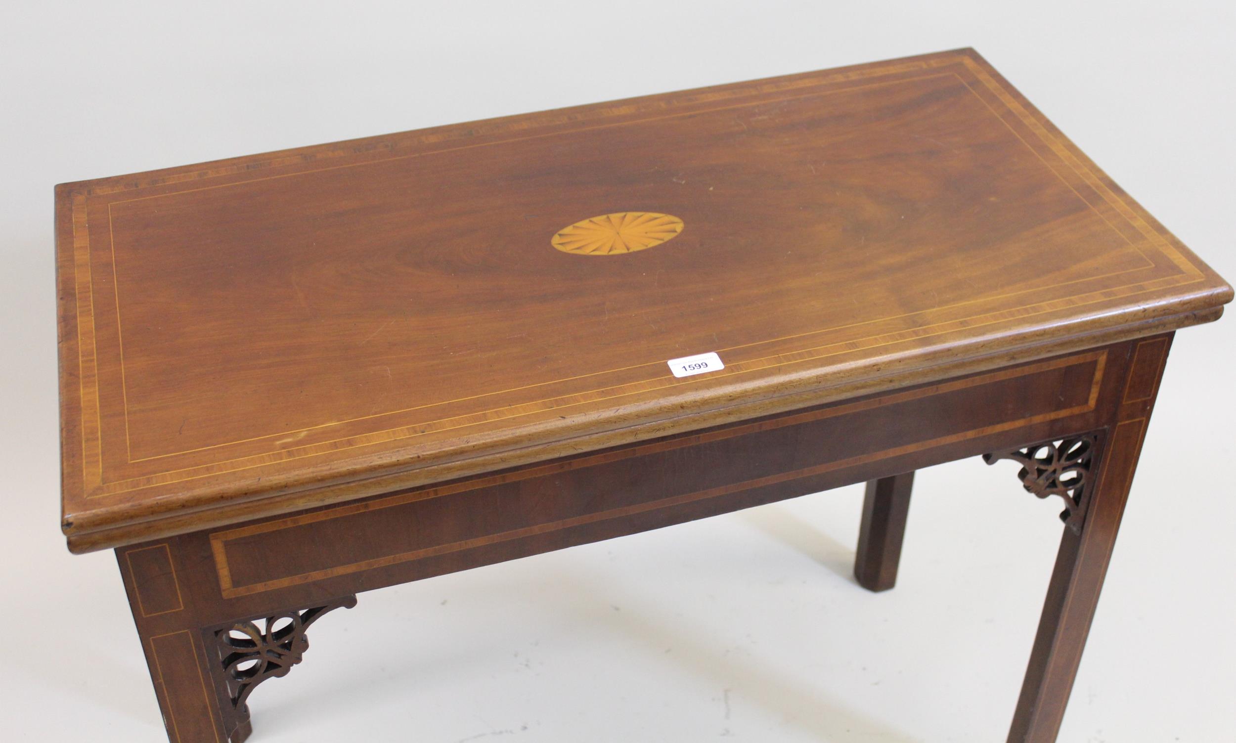 George III rectangular mahogany crossbanded line and lunette inlaid fold-over card table, on - Image 2 of 2