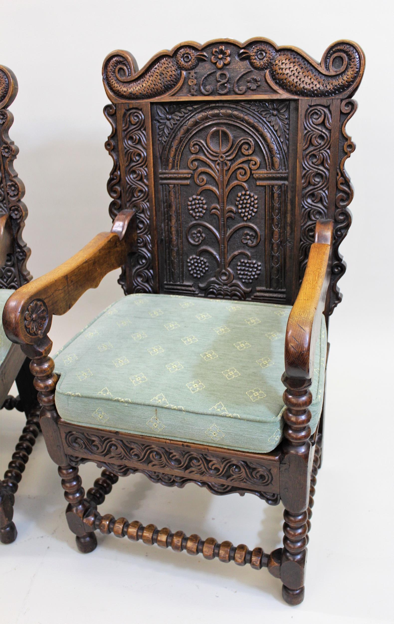 Near pair of carved oak Wainscott chairs in 17th Century style, the floral decorated backs above - Image 3 of 3