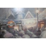 David M. Smith, 20th Century oil on board, figures by a subway in London, dated 1983, framed,