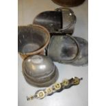 Three various copper coal scuttles, together with three pewter meat dish covers, quantity of horse