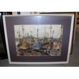 20th Century watercolour moored fishing boats, monogrammed, dated '74, 28cms x 40cms, together