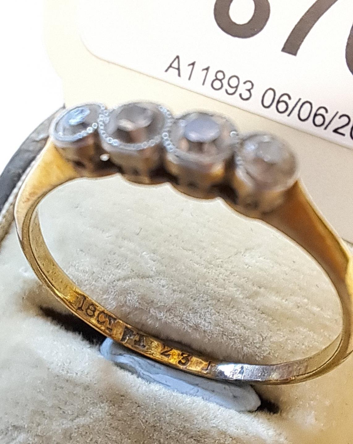 18ct yellow gold four stone diamond ring, size P.5, 1.7g Not chipped but has many inclusions - Image 2 of 2