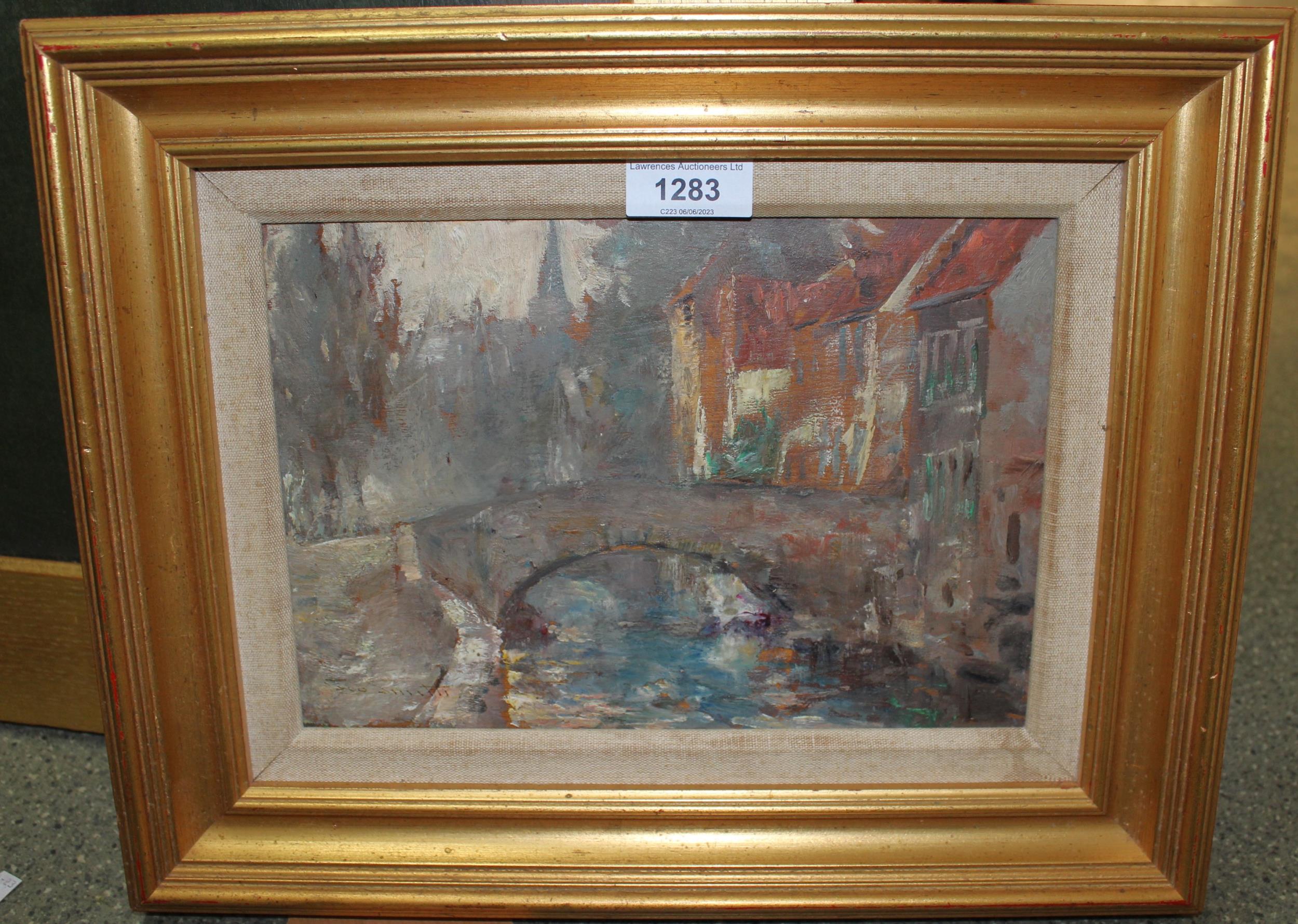 George Smith, signed oil on panel, riverside town with stone bridge, 18cm x 25cm