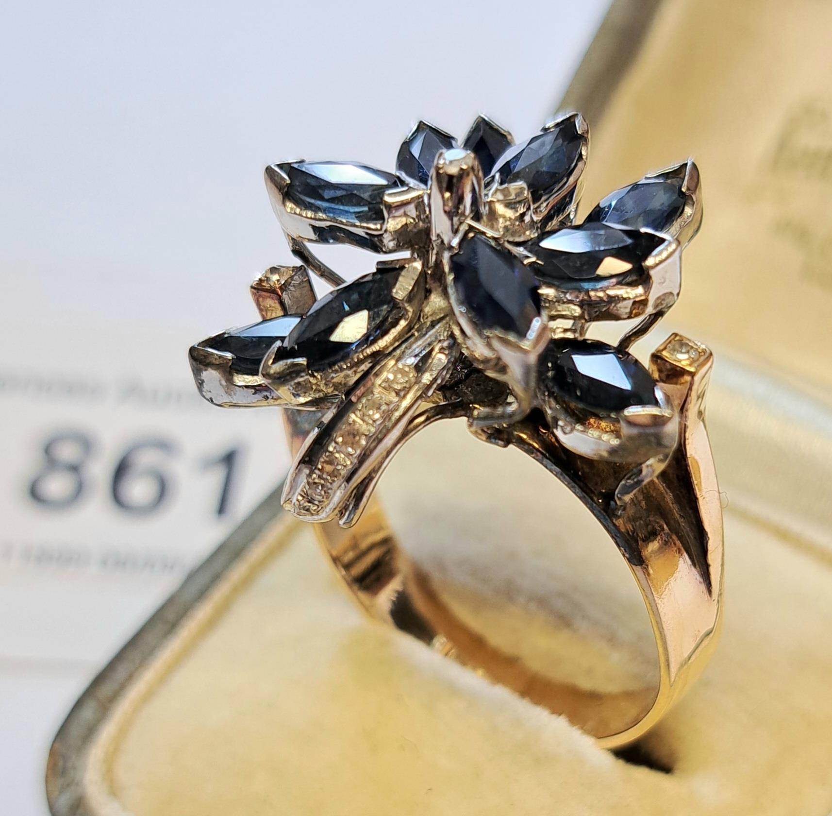 Mid to late 20th Century 14ct gold sapphire and diamond ring of contemporary floral design, 7.5g
