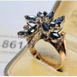 Mid to late 20th Century 14ct gold sapphire and diamond ring of contemporary floral design, 7.5g