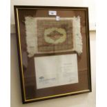 Miniature silk double knot Hereke carpet, framed and another larger framed needlework panel