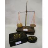 Pair of antique oak cased balance scales, together with two small black chinoiserie lacquer boxes