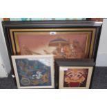 Pair of Indonesian Batik type pictures, 36cms x 45cms, framed together with three similar smaller