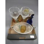 Pair of Baccarat champagne glasses, five amber glass mugs, antique Bristol blue glass decanter and a