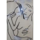 Lys Hansen, late 20th Century charcoal and white highlighted stylised study of two figures, signed