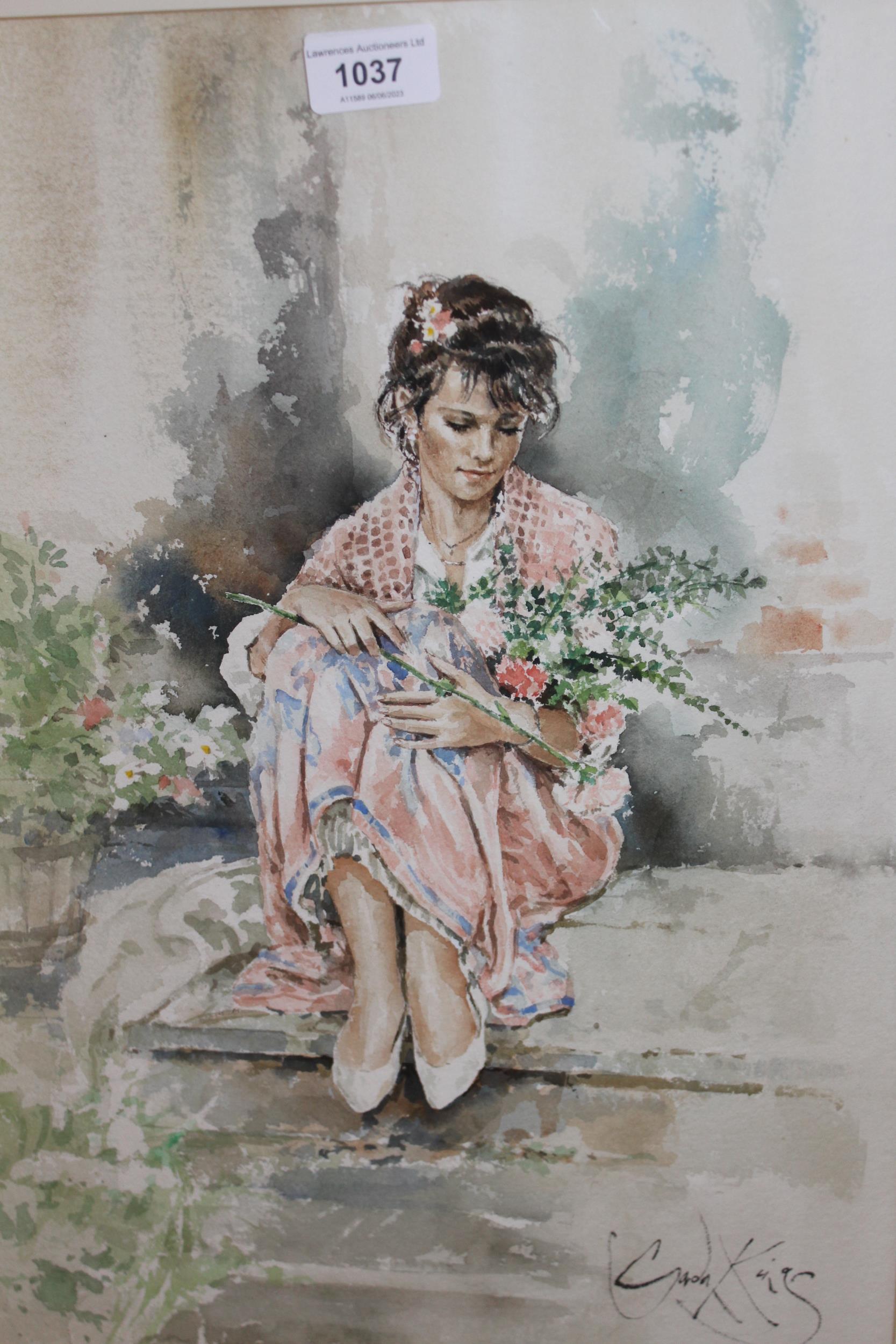 Gordon King, watercolour, seated girl with a bouquet of flowers, signed, 52cms x 35cms, gilt framed