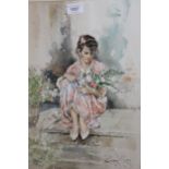 Gordon King, watercolour, seated girl with a bouquet of flowers, signed, 52cms x 35cms, gilt framed