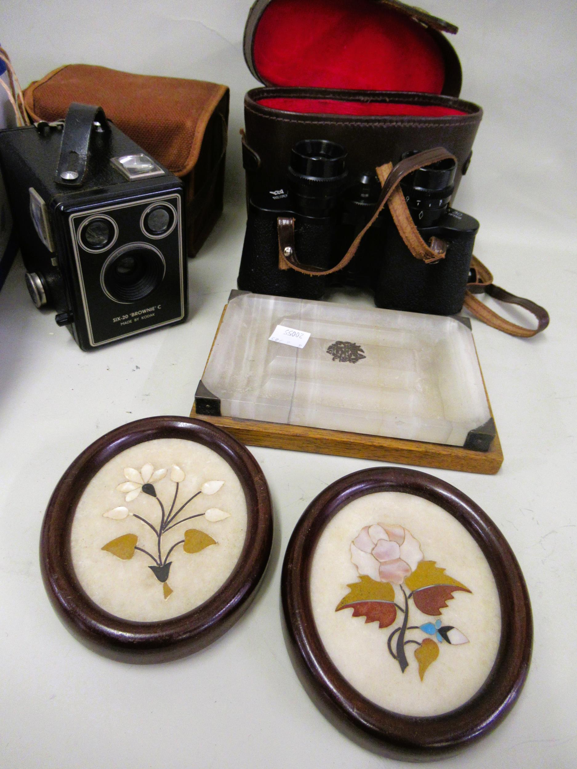 Cased pair of binoculars, a box camera, marble inkstand and a pair of small oval pietra dura