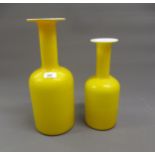Two Holmegaard Gul vases in yellow, 15ins and 12ins high Both in good condition