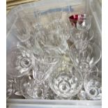 Box containing a quantity of good quality drinking glasses including hollow stem champagne and facet
