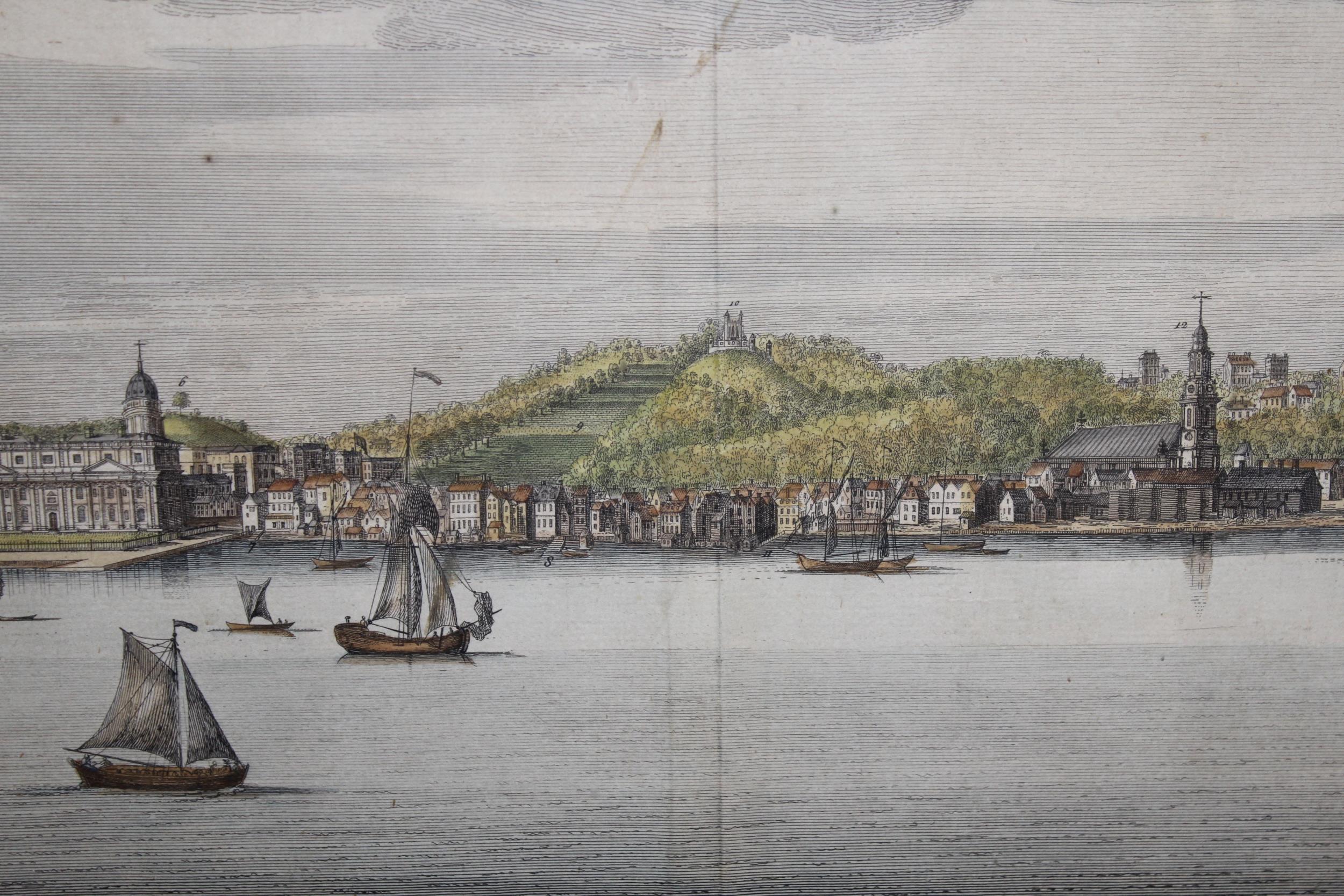 Antique hand coloured engraving, ' The North West Prospect of Greenwich, in the County of Kent ',