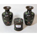 Pair of small cloisonne black ground vases, 16cms high together with a similar, smaller