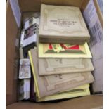 Box containing a collection of various loose sets of cigarette cards and albums of cigarette cards