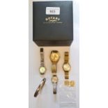 Mudu wristwatch, three ladies wristwatches and a silver bangle