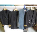 Three various Royal Navy jackets with trousers, buttons and badges, together with an RAF jacket with