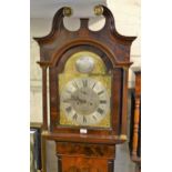 19th Century mahogany longcase clock, the broken arch hood above a shaped and crossbanded panel