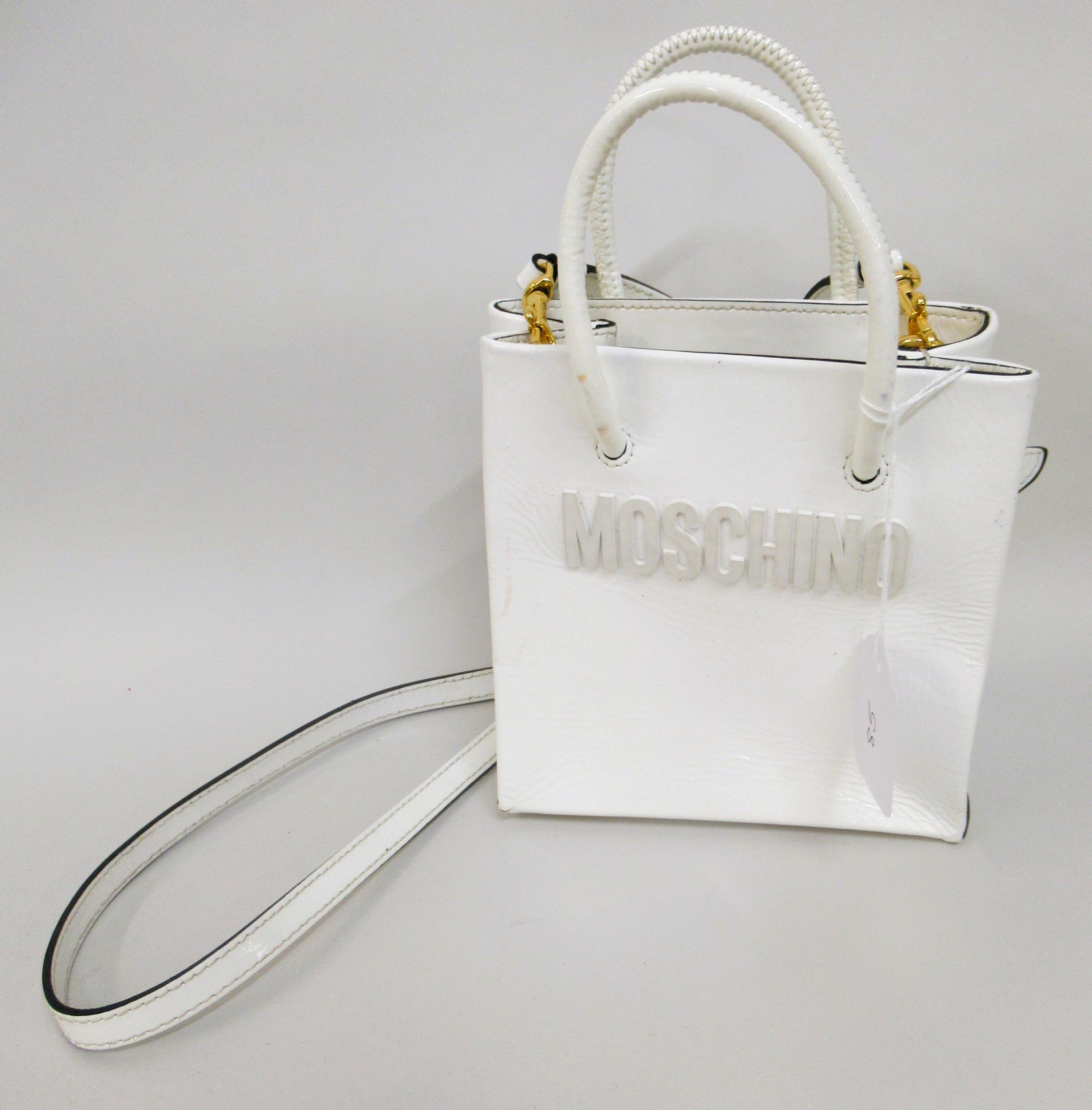 Moschino Logo white patent leather top handle bag, with detachable shoulder strap