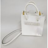Moschino Logo white patent leather top handle bag, with detachable shoulder strap