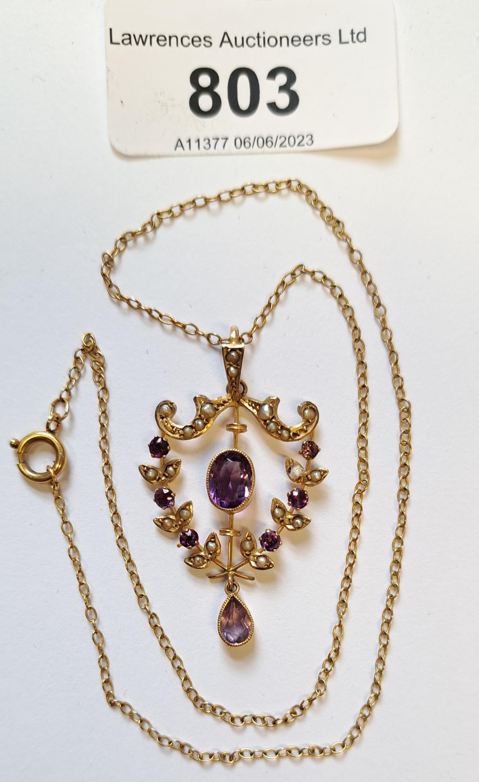 Edwardian 9ct gold amethyst and pearl set pendant on chain