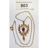 Edwardian 9ct gold amethyst and pearl set pendant on chain