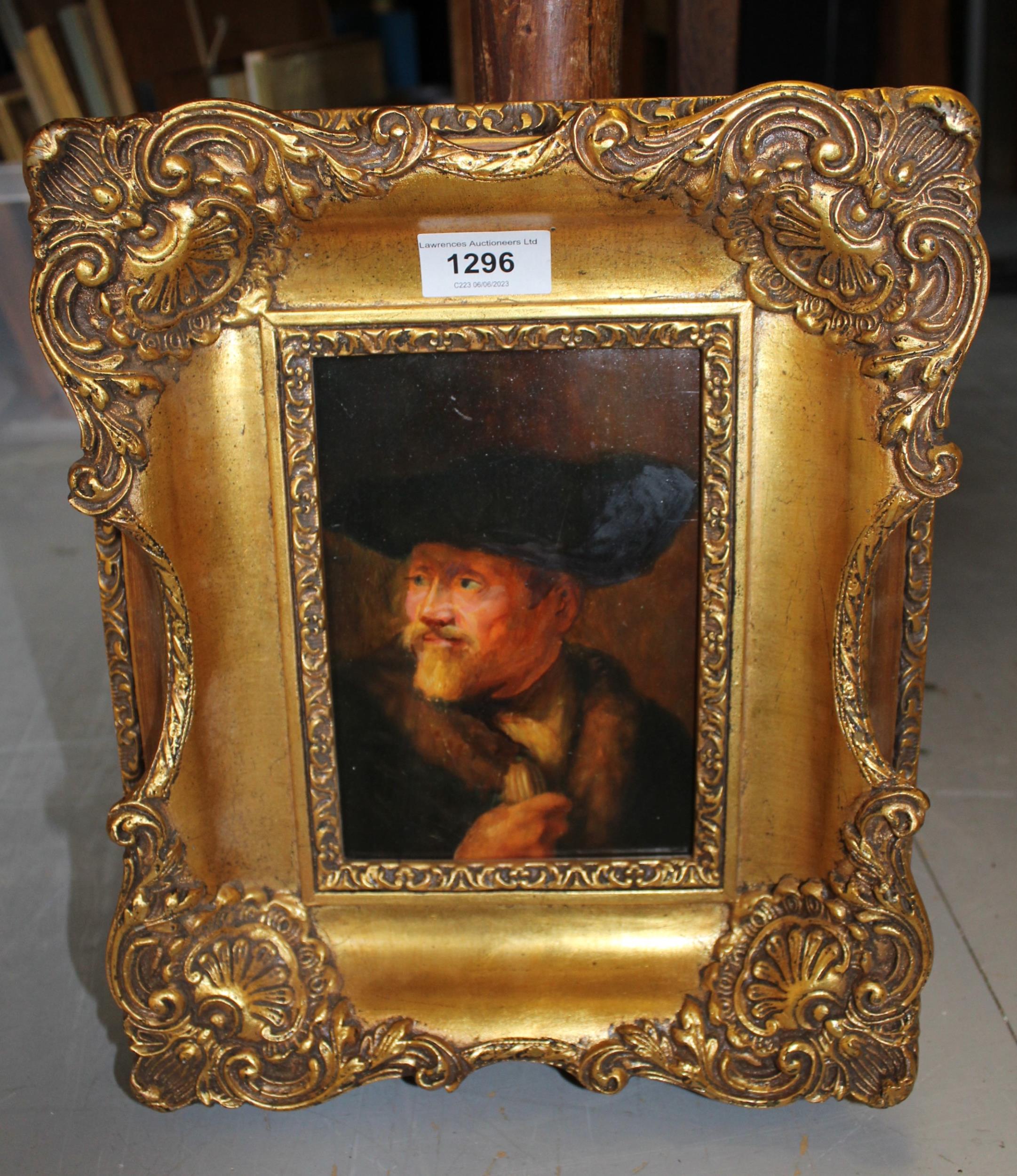 Ornate gilt framed oil on board, portrait of a Dutch gentleman ( copy after Rembrandt ), 17cm x 12cm - Image 2 of 2