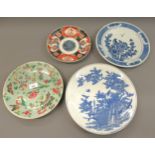 Three various Japanese porcelain plates and a Canton plate (at fault) Various damages as shown in