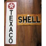 Enamel advertising sign for Shell and another similar, ' Texaco ', 89cms x 26.5cms and 89cms x 24cms
