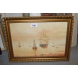 19th Century watercolour, English Man-o-War and other shipping at sea, signed Atkins, 23cms x 33cms