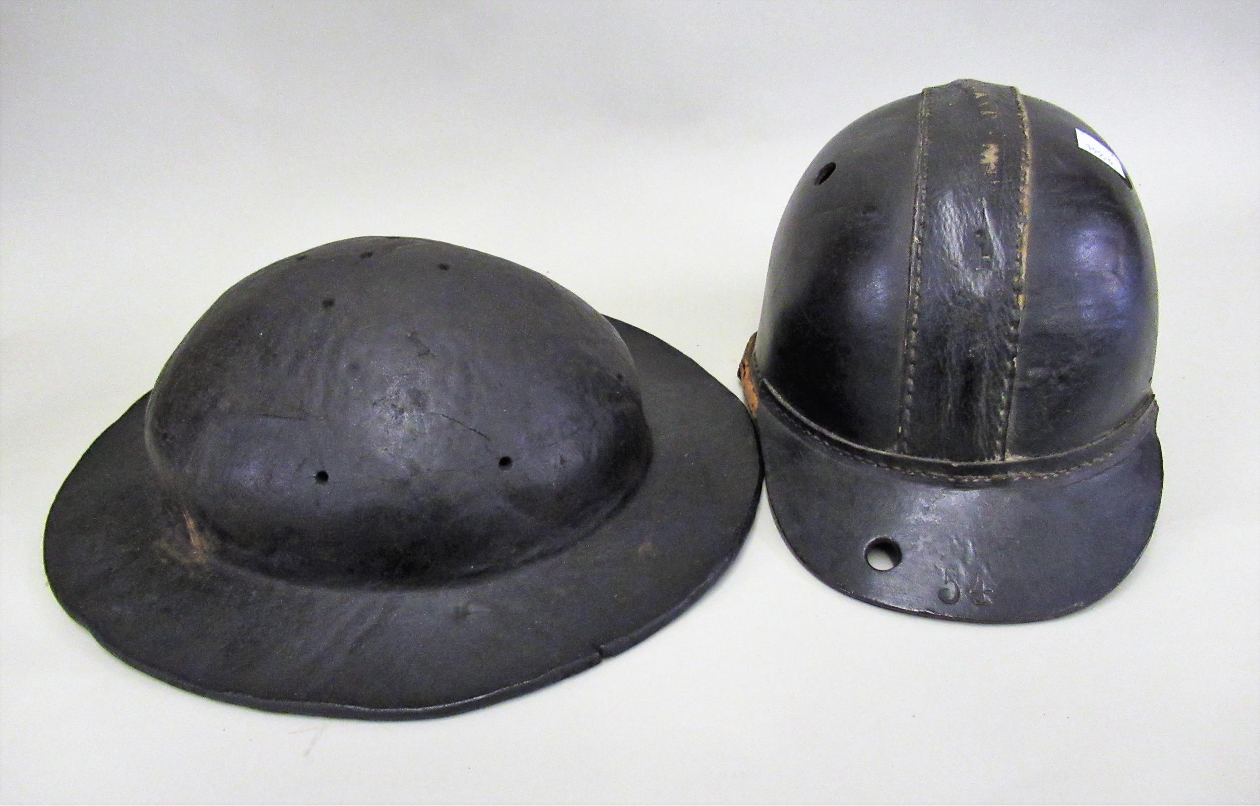 19th Century leather miners hat, together with another childs hat, dated 1885