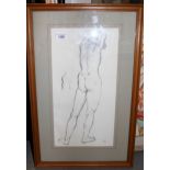Pencil study of a nude figure, monogrammed, framed, 43cms x 22cms, together with another pen