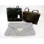 Mappin & Webb black leather handbag, a brown Russell & Bromley handbag and a striped clutch bag by