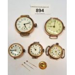 Five various 9ct gold cased wristwatches, together with a 9ct gold dress stud Two larger do not wind