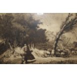 Charles Holroyd, large framed etching, shepherd with flock in a landscape, signed in pencil, framed,