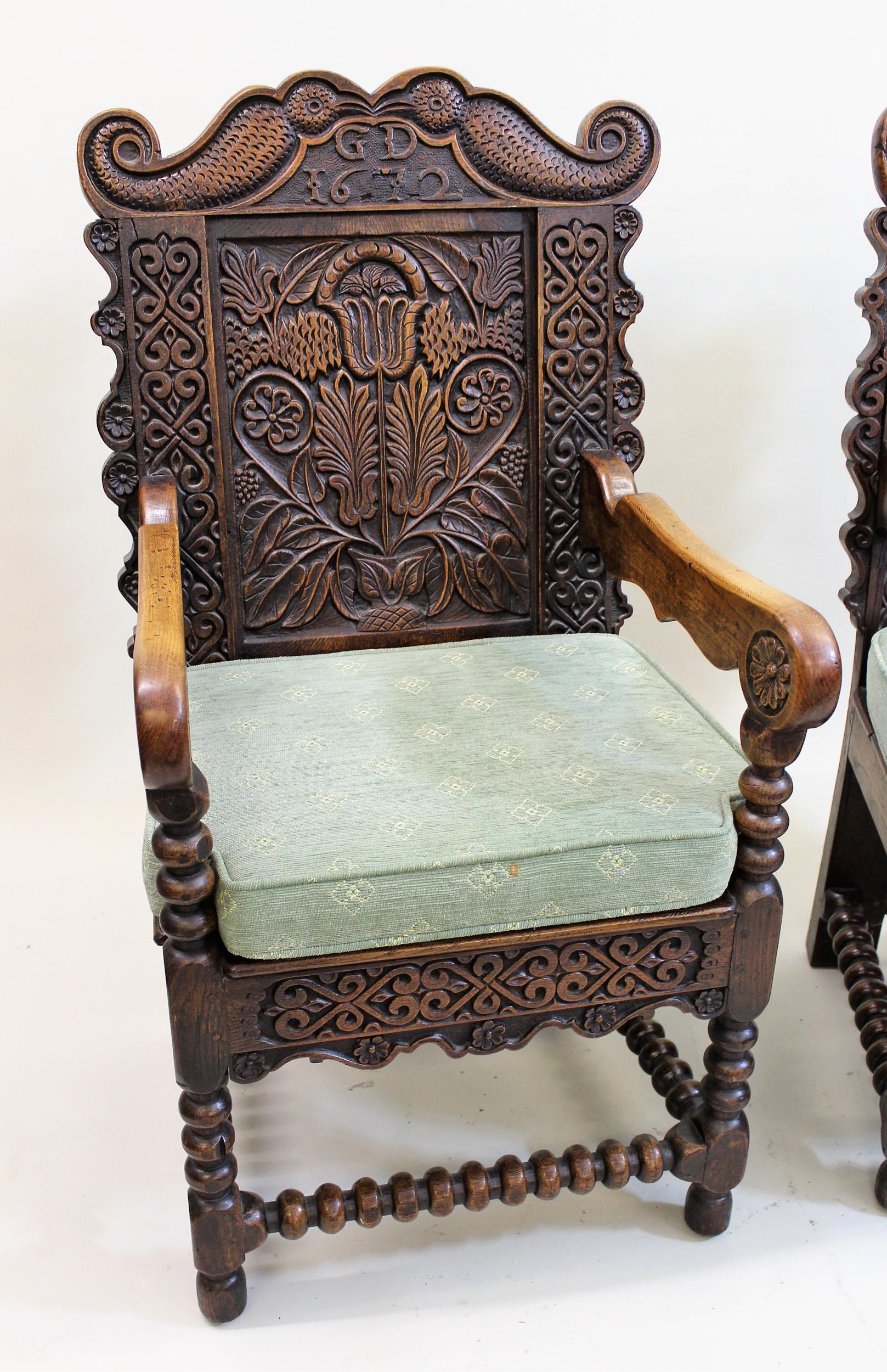 Near pair of carved oak Wainscott chairs in 17th Century style, the floral decorated backs above - Image 2 of 3