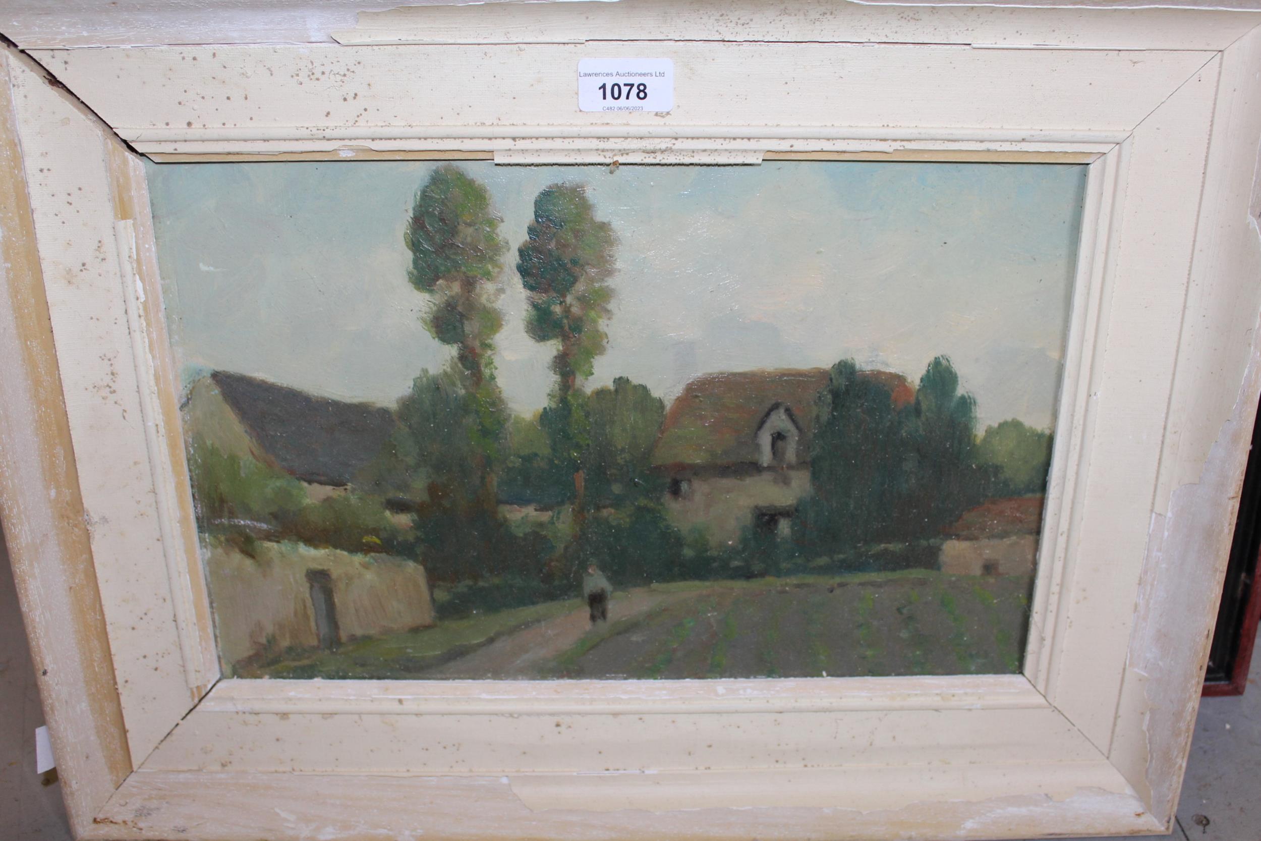 Early 20th Century French impressionist style oil on board, figure on a lane before cottages, - Image 2 of 2